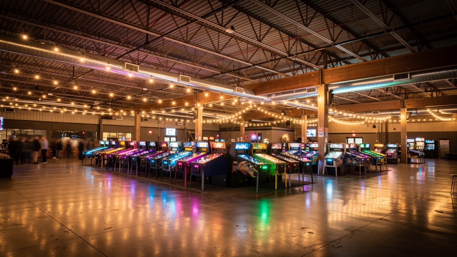 Concept rendering of the wide game floor — string lights and warm trusses over rows of machines