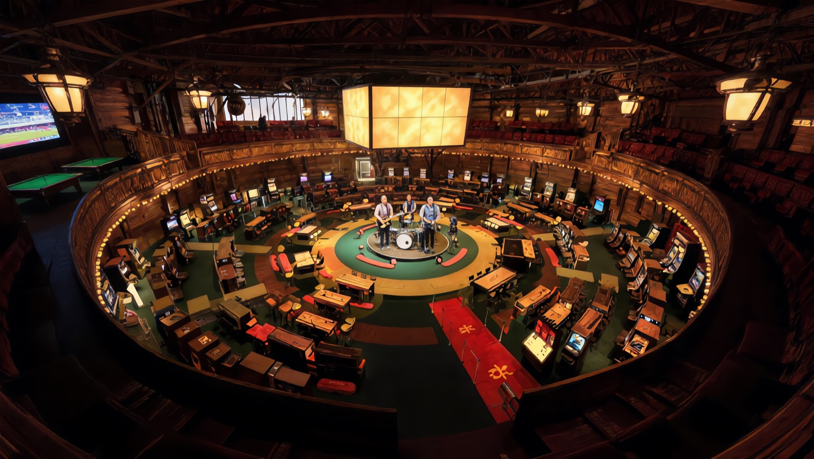 Concept render — the fusion: the whole warm-timber room with a live band on the center stage and the jumbotron hanging from the trusses above