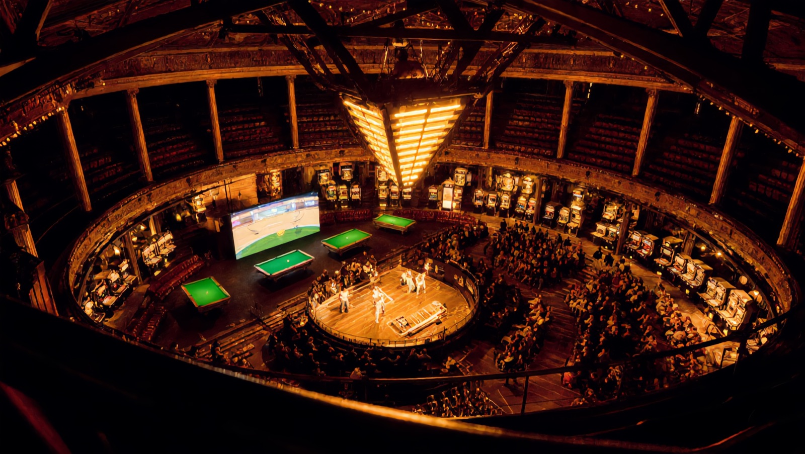 Concept render — show night: performers on the round center stage, crowd in the pit, machines and galleries glowing