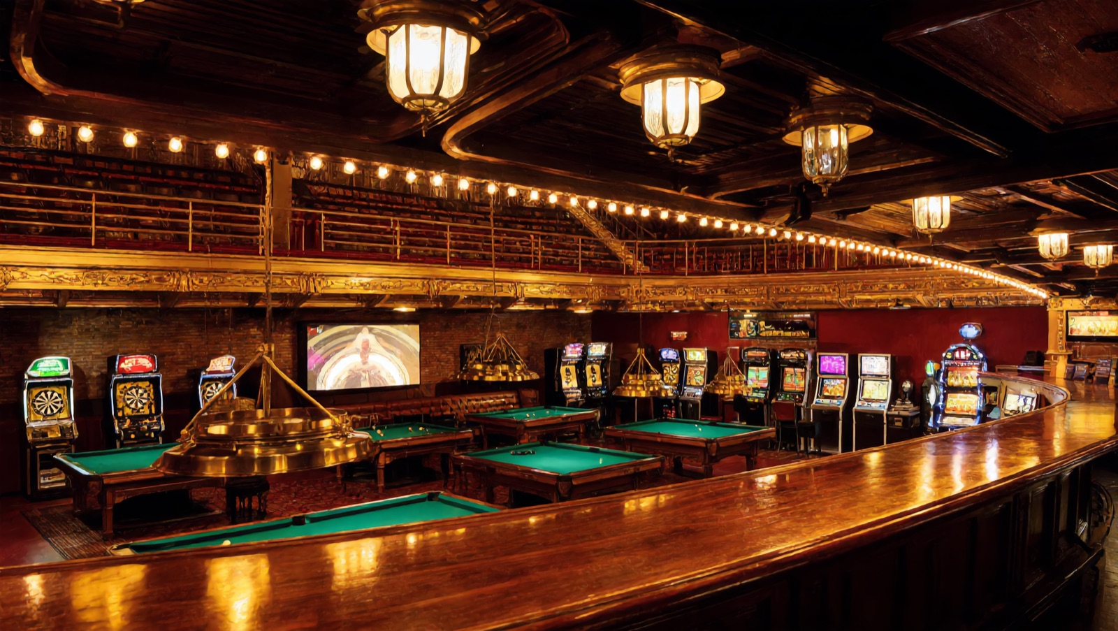 Concept render — the 21+ Harbor: long walnut bar, pool tables, darts and the glowing sports wall