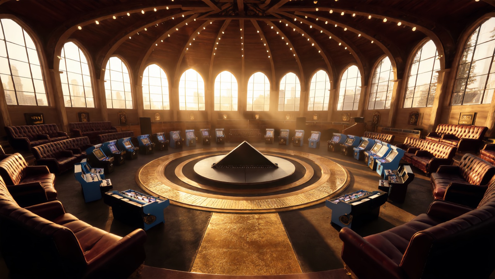 Concept render — golden hour: lounger booths and machines ringing the stage, city light through the arches