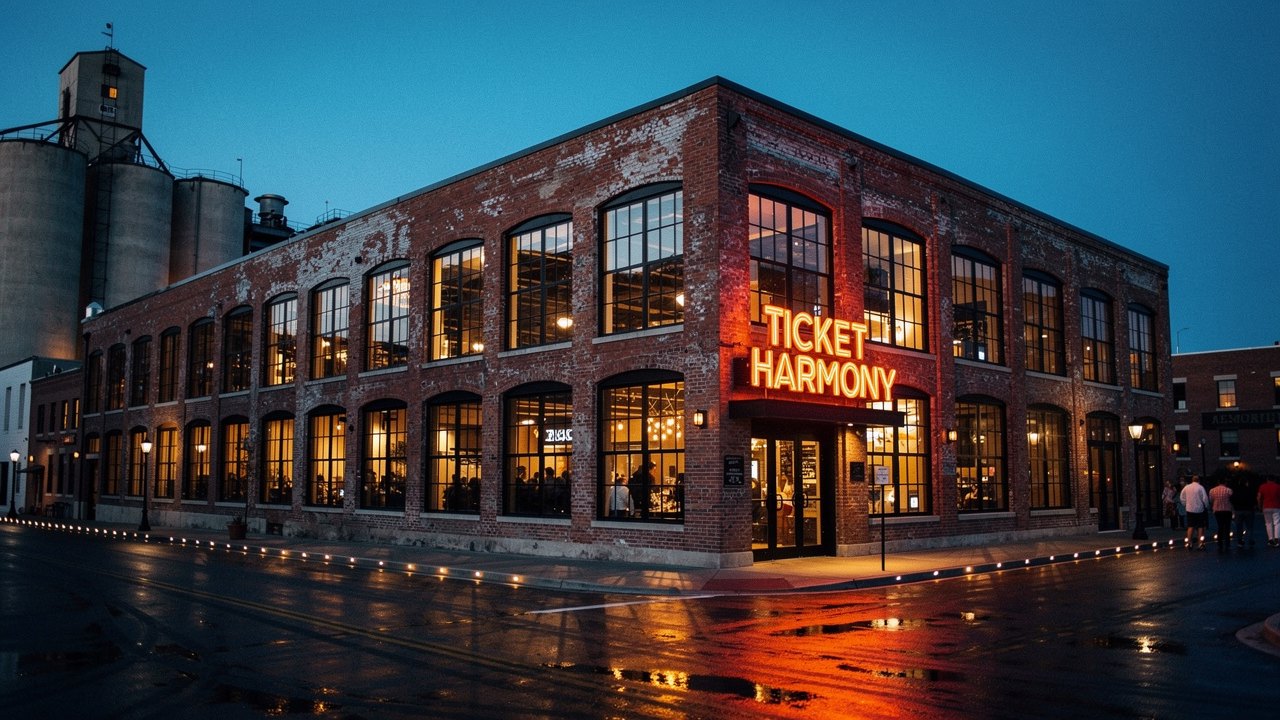 Concept rendering of the Ticket Harmony exterior at dusk — brick warehouse with the neon Ticket Harmony sign over the corner entrance, grain silos behind, wet street reflecting gold light