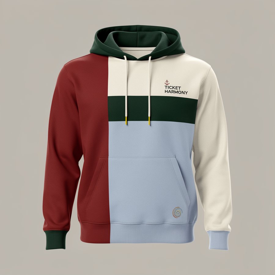 Color Block hoodie — red left-third slice, cream and powder-blue blocks, green hood lining and cuffs