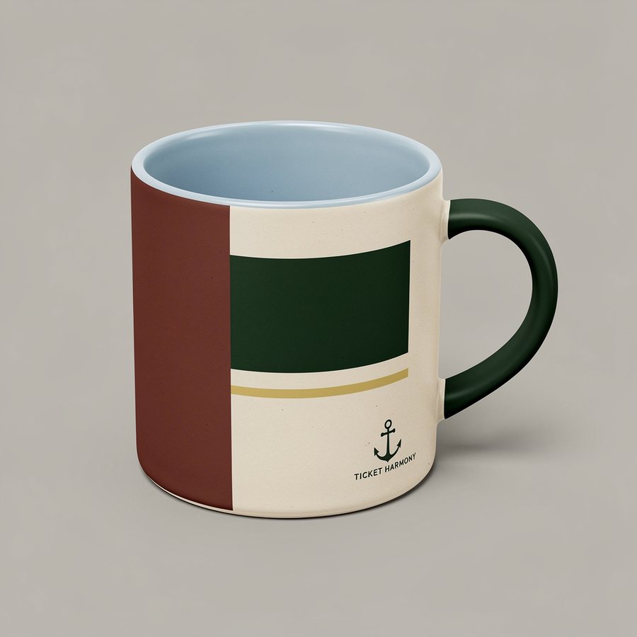 Harmony mug — red slice and cream ground with green block, green handle, blue interior, anchor mark