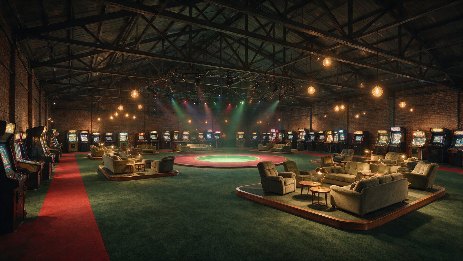 Concept rendering of the colosseum floor at night — the circular center stage ringed by lounge islands, arcade cabinets along the brick walls, a lighting ring overhead