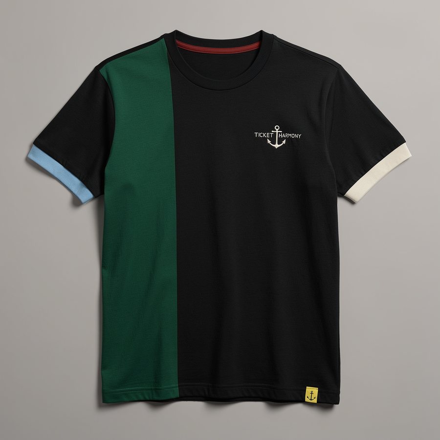 Color Block tee on black ground — green and black blocks, light-blue collar trim, small anchor wordmark