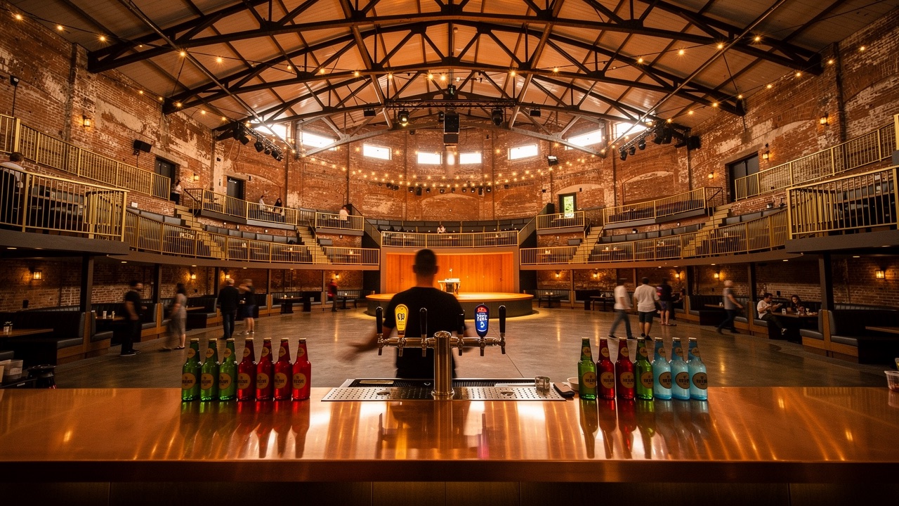 Concept rendering of the bar — copper counter, taps, colored-glass lemonades, the open colosseum tiers behind