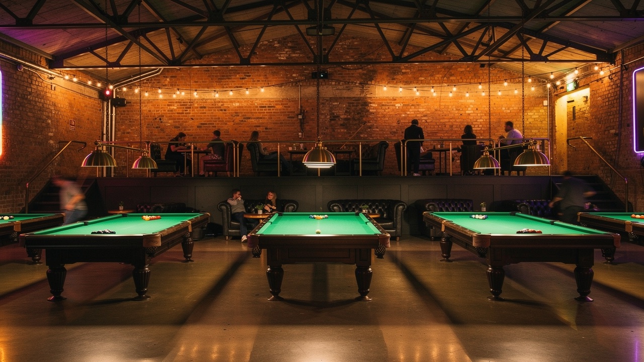Concept render — six premium pool tables under brass pendant lamps