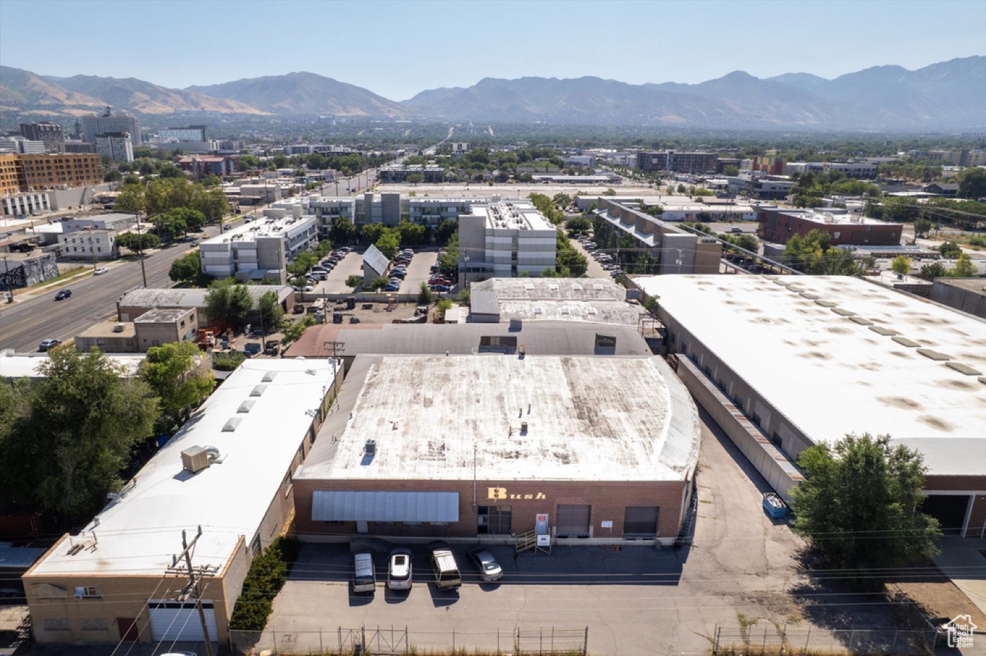 Aerial photo of the real warehouse campus looking toward downtown Salt Lake City and the mountains